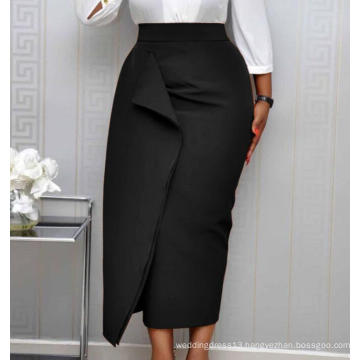 Black Slim Pencil High Waist Mid-calf Party Ruffle Women Bodycon Skirt